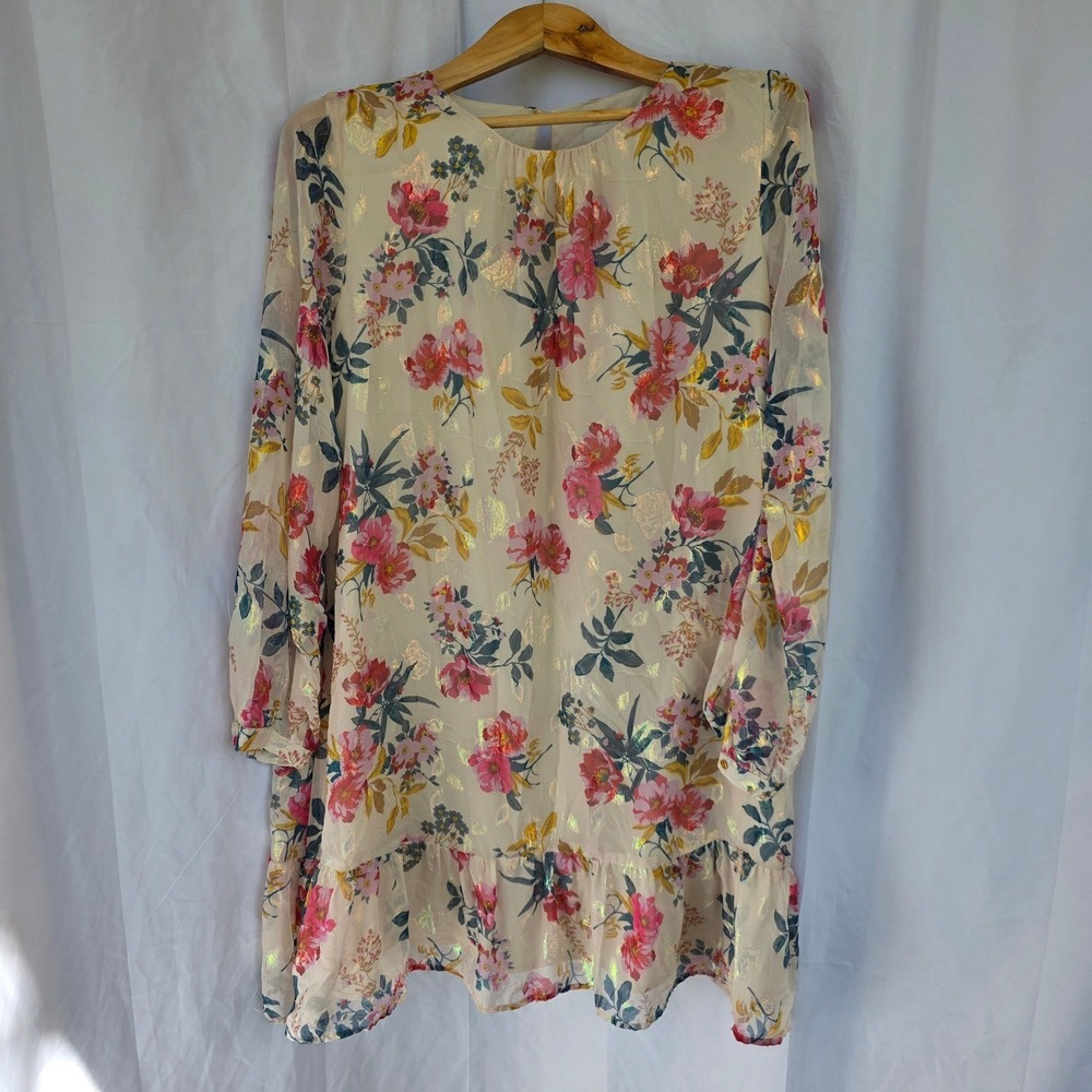 Loft Floral Metallic Gold Shift Flounce Dress Long Sleeve Shimmer Sz 10 Brunch